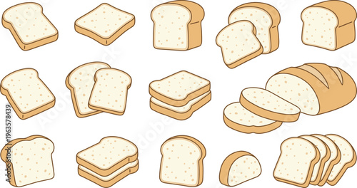 Bread Slice Vector Set with Toast, Sandwich, and Loaf Variations in Different Shapes for Bakery Design, Food Illustration, Breakfast Concepts, and Packaging Use
