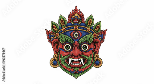 Elaborate mythical mask with three eyes and fierce expression