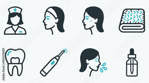 Skincare and hygiene line icon set featuring nurse, facial profiles, dental care, and beauty products