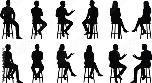 A collection of black silhouettes depicts various people seated on stools engaged in different postures and conversations high quality professional detailed modern elegant