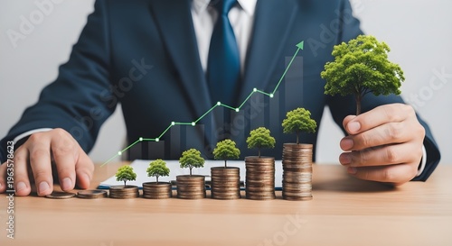 Businessman nurturing growth with coins and plants on a table with a graph in the background