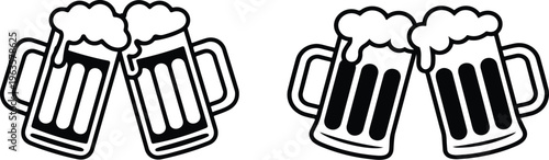 Minimalist black and white beer mugs clinking together with thick foam bubbles icon for celebration concepts.
