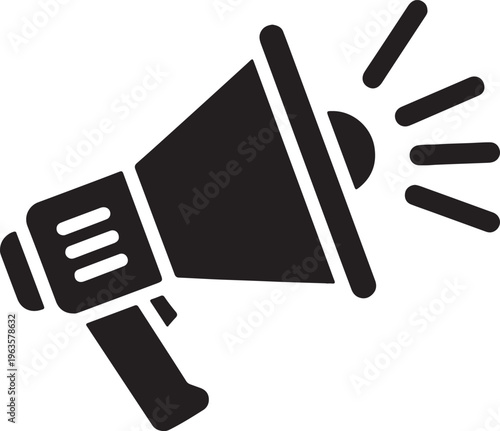 A black and white graphic of a megaphone with sound waves