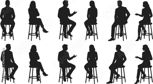 A collection of silhouette figures depicts six individuals seated on stools in both rows seemingly engaged in discussion high quality professional detailed modern