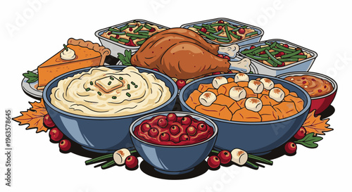 Generous Thanksgiving feast with roasted turkey, mashed potatoes, pie, and sides
