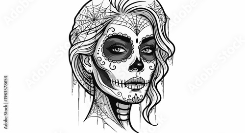 Grayscale drawing of a woman with skull face paint, hair, spiders