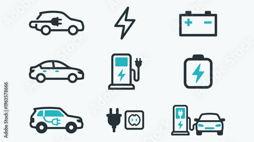 EV charging and renewable energy icon collection featuring electric cars, batteries, and power stations