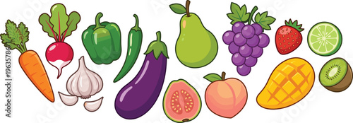 Fresh Fruits and Vegetables Vector Set Featuring Healthy Organic Food Collection with Apple, Mango, Grapes, Carrot, Eggplant, and Citrus for Nutrition Design
