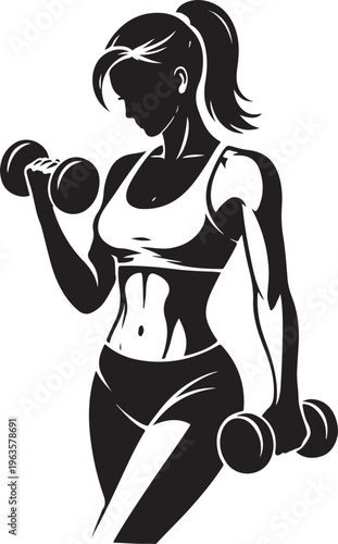 fitness woman, workout silhouette, woman exercise, dumbbell workout, gym illustration, fitness vector, healthy lifestyle, sport woman, training concept, female athlete, weight lifting,