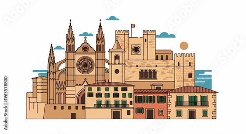 Ornate gothic cathedral and fortified buildings on a sunny day with clouds