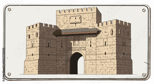 Ornate stone gateway with flanking towers and crenellated battlements