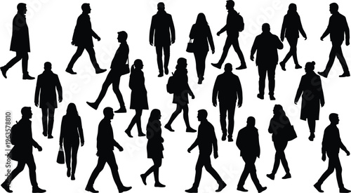 A large collection of diverse silhouettes depicts a bustling crowd of people walking in various directions and poses high quality professional detailed modern