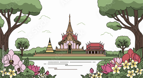 Ornate temple with lotus flowers and trees along a tranquil waterway