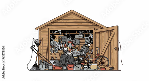 Overstuffed wooden shed filled with tools, lawnmower, bicycles, and garden gnomes