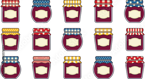 Jam Jar Vector Set with Different Lid Patterns and Blank Labels for Homemade Preserves Packaging, Food Branding, Sticker Design, and Kitchen Illustration Collection