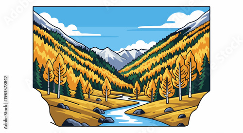 Pixel art autumnal valley with river and snowy mountains