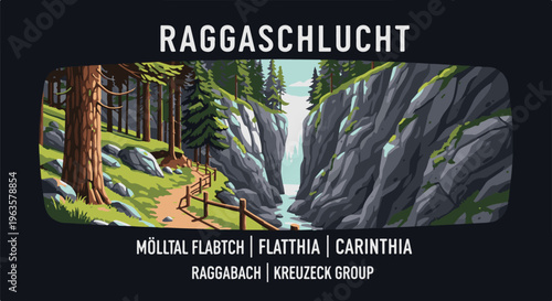 Pixel art depiction of a scenic gorge with a waterfall and forested mountain trail