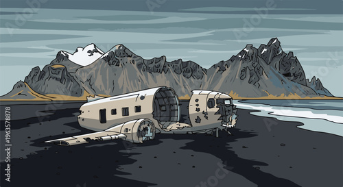 Pixel art of wrecked airplane on dark sandy beach with mountains