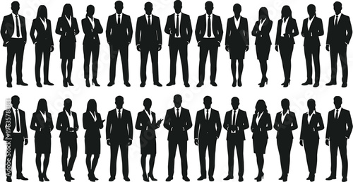 A group of twenty four silhouetted business professionals both men and women are positioned in two rows suggesting a corporate setting high quality