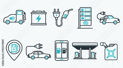 Electric Vehicle Charging and Green Energy Icon Set in Line Art Style