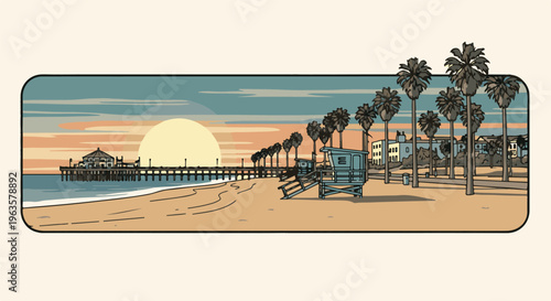Pixelated beach scene at sunset with a pier and palm trees