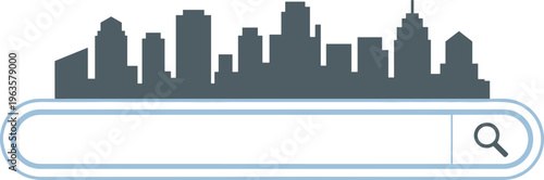 City Skyline Silhouette Above a Search Bar with Magnifying Glass Icon Keywords: city skyline, urban, cityscape, buildings