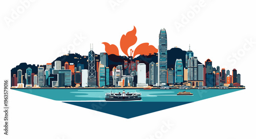 Stylized city skyline with boats and orange floral emblem above