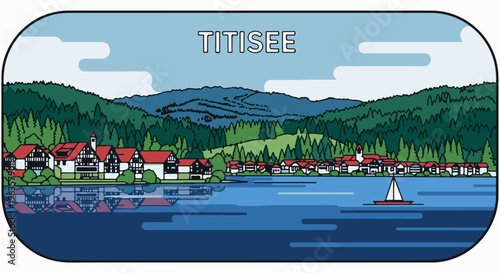 Stylized lakeside village with rolling green hills and a single sailboat