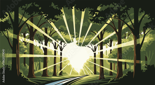 Sunbeams pierce a dense forest canopy onto a winding path