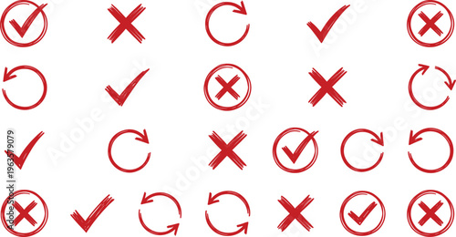 Red Hand Drawn Check Mark Cross and Refresh Arrow Icon Set with Tick Validation Symbols Circular Motion Signs for UI Design Feedback and Workflow Concepts