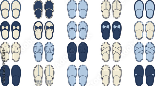 Top View Slippers Vector Set Featuring Cozy Indoor Footwear, Comfortable House Shoes, and Casual Slip On Sandals Collection in Flat Minimal Style