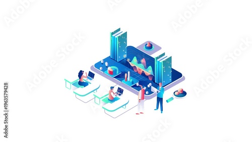 Isometric business team analyzing data dashboard with charts animation