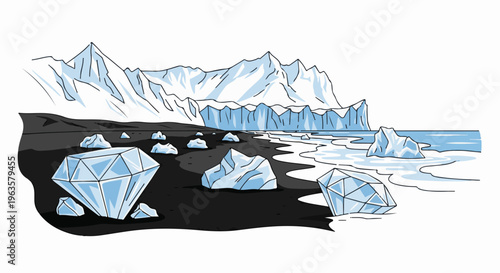 A stark arctic landscape features icy mountains, glaciers, and icebergs on black sand