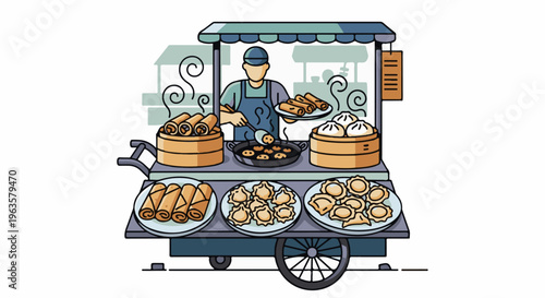 A street vendor prepares and serves dumplings, spring rolls, and buns from a cart