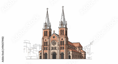 Twin spired church with rose window, surrounded by sketched buildings