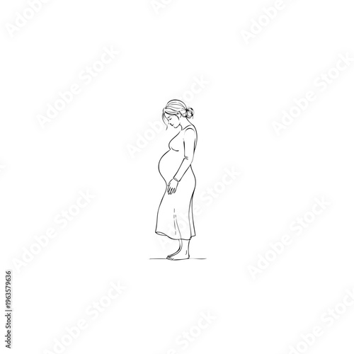 Pregnant woman in a dress standing profile view
