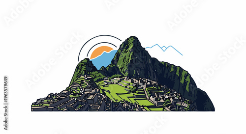 Stylized illustration of ancient mountain citadel with sun and mountains