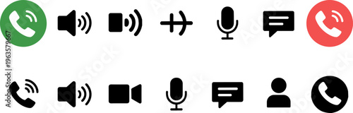 Communication and media icons including phone call video call microphone and chat phone call icon green phone icon