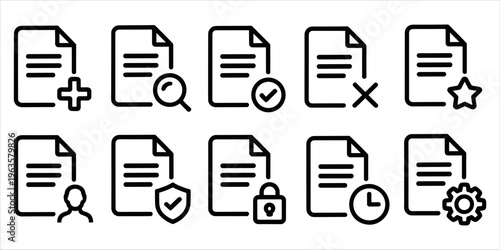 Document Icons with Plus Magnifier Check Cross Star Lock Clock Gear Keywords: document, file, icon, plus, add, search, find