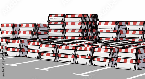 Stacked red and white traffic barriers arranged in rows on a gray surface