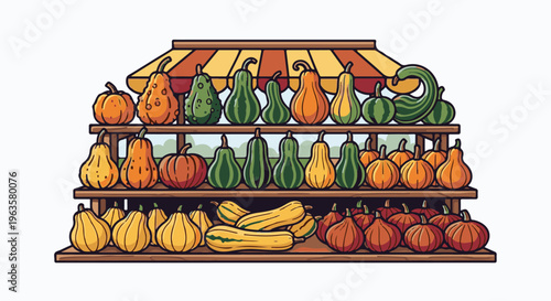 Rustic wooden display rack overflowing with various colorful gourds and pumpkins