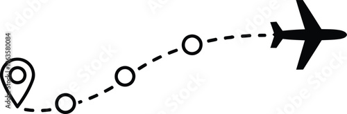 A simple black icon showing an airplane traveling along a dotted path from a map location marker Vector