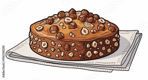 Rich hazelnut cake with whole and halved nuts on a folded napkin