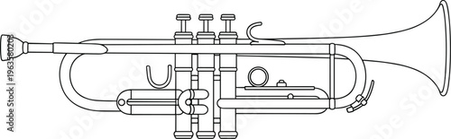 A detailed line drawing depicts a brass trumpet instrument showcasing its valves bell and overall elegant streamlined form high quality professional modern stylish