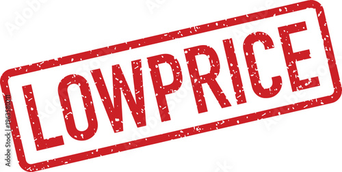 Grungy red rubber stamp with the bold uppercase word LOWPRICE displayed clearly against a clean white surface