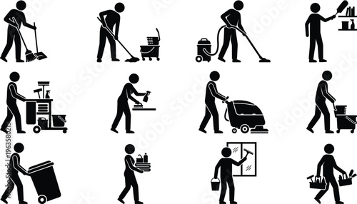 A collection of black silhouette icons depicts various cleaning tasks and personnel showcasing a range of janitorial and maintenance activities high quality professional