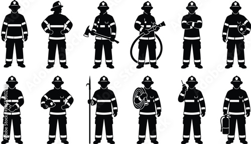 A collection of black silhouettes depicts various firefighters in full gear showcasing their roles and essential emergency equipment high quality professional detailed modern