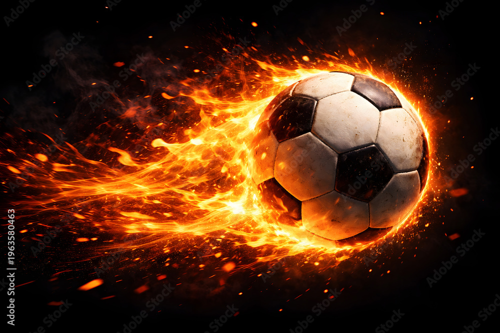 Fototapeta premium Fiery soccer ball ablaze with intense flames against a dark background