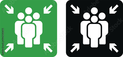 Green and Black Icons Showing Assembly Point or Meeting Point for People Keywords: assembly point, meeting point, gathering