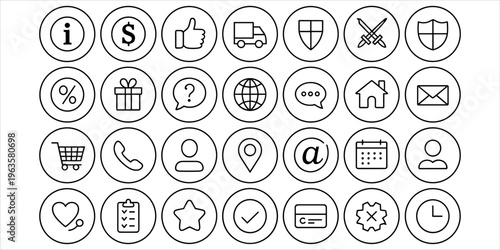 Grid of thirty outline icons in circles on white background for web and app use icon set circle icons
